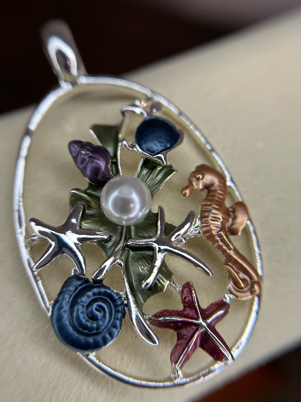 Sea Life Pendant Necklace Seahorse Starfish Shell Faux Pearl Enamel
